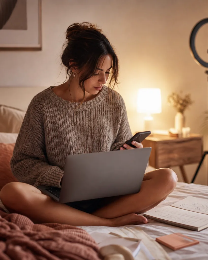 Creator on her bed planning a weekly promotion schedule with a laptop, phone and notebook