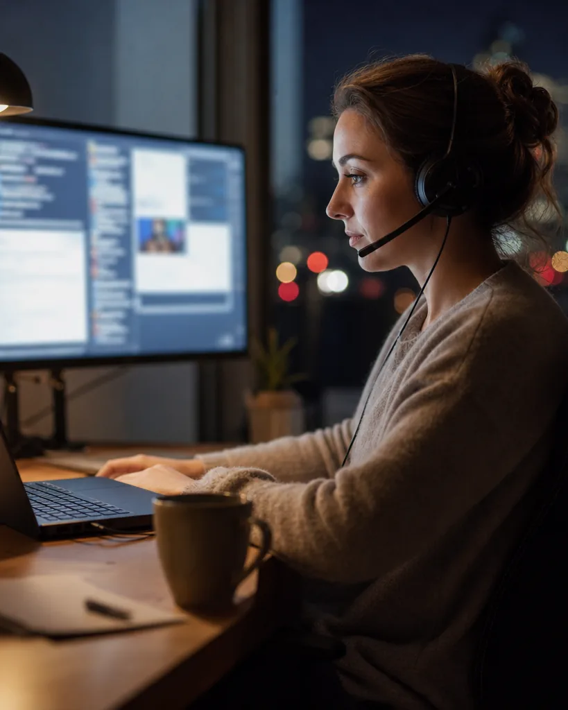Remote chatter working a night shift at a desk with two screens of message windows