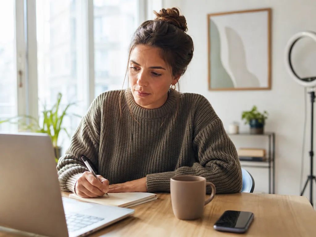 Creator taking notes while watching an online marketing lesson on a laptop