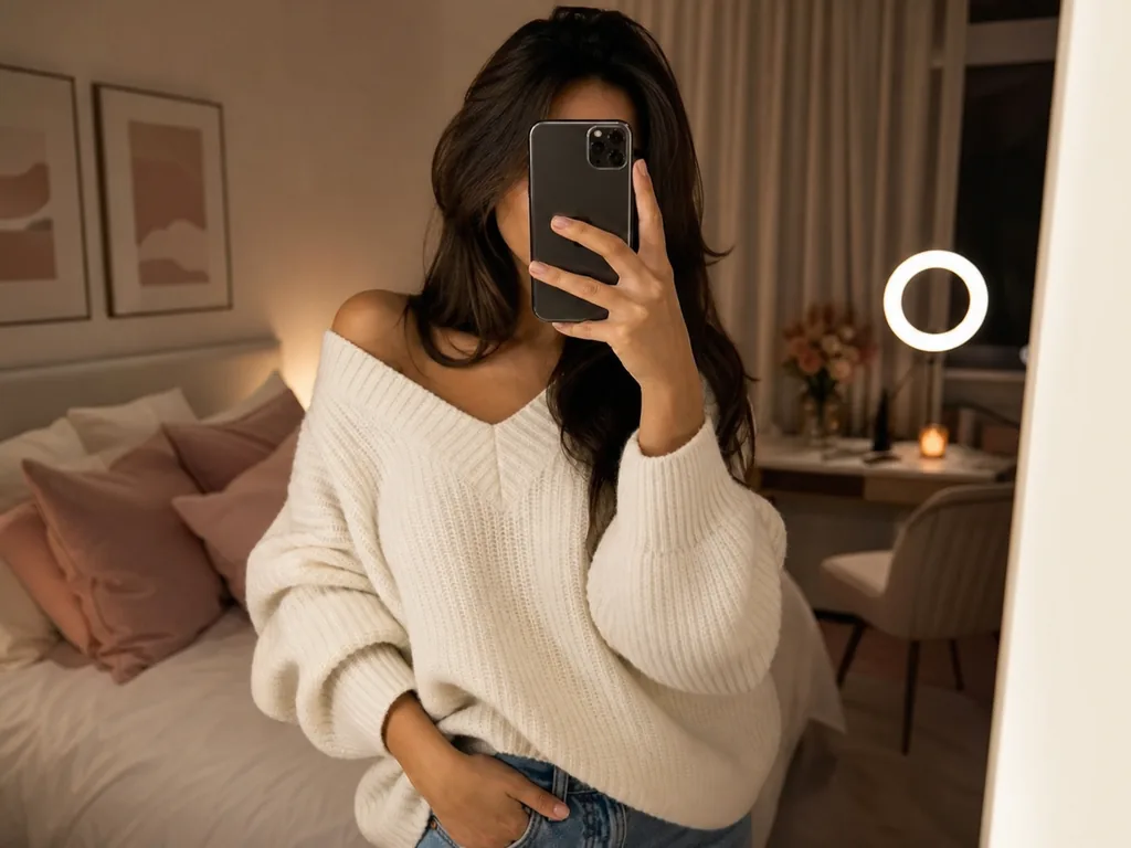 Creator taking a mirror selfie with the phone covering her face