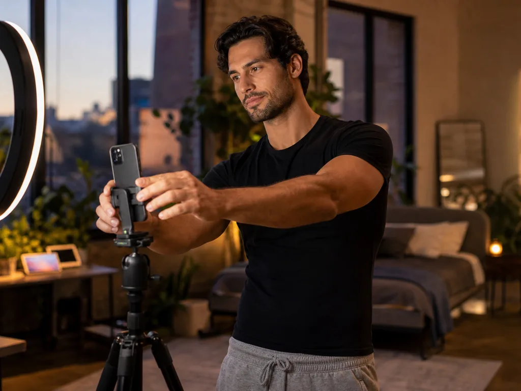 Male creator filming a video with a smartphone on a tripod in his apartment