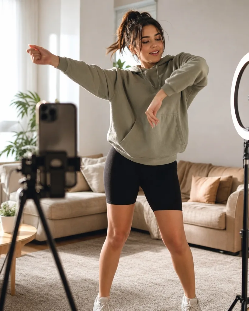 Creator filming a short vertical dance video with a phone on a tripod and a ring light