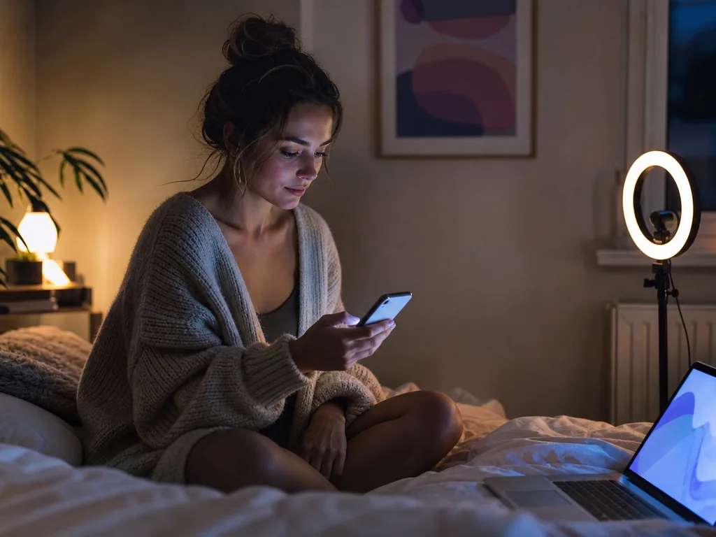 Creator checking her social feed on a phone next to a ring light at night