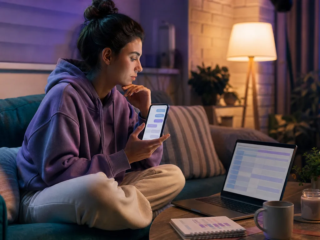 Creator comparing promotion offers on her phone and laptop at home
