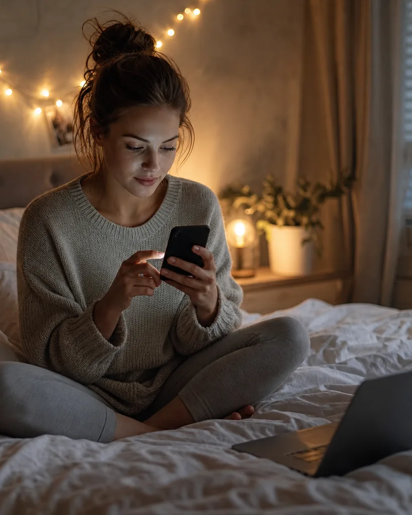 Creator on her bed checking short video stats on her phone in the evening